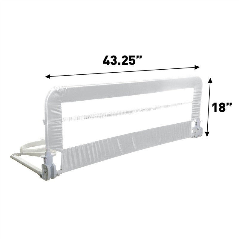 Dreambaby Savoy Bed Rail in white, measuring 43.25 inches wide and 18 inches high, featuring a mesh panel for visibility.