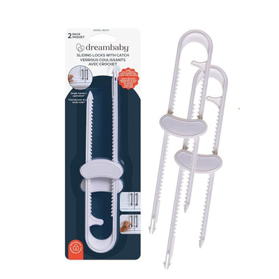 Dreambaby Sliding Locks with Catch - 2 pack in white, featuring easy single-handed operation and secure locking mechanism.