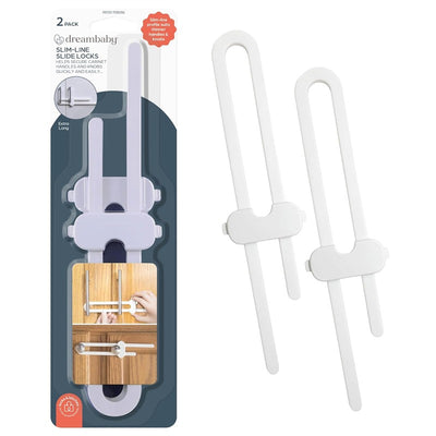 Dreambaby Slimline Slide Locks - 2 Pack, featuring white slide locks for securing cabinet handles and knobs.