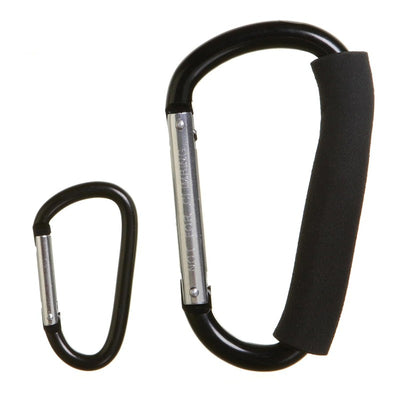 Dreambaby Stroller Hooks - 2 Pack featuring two carabiner-style hooks with a soft grip handle and a sturdy metal frame.