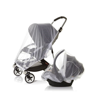 Insect netting covers a stroller and infant car seat, designed to protect against insects while traveling.