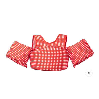 Red gingham kids float with inflatable arm floats, designed for children weighing 25-50 lbs.