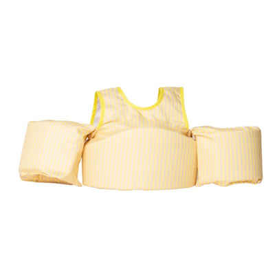 Yellow striped kids float with arm floats and a center support, designed for water safety and fun.