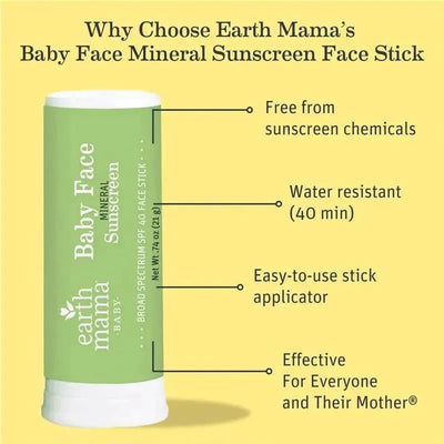 Baby Face Mineral Sunscreen Stick SPF 40 by Earth Mama, with features like water resistance and easy applicator.