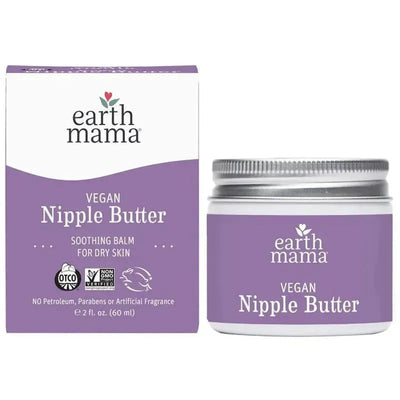 Vegan Nipple Butter by Earth Mama in a 2oz jar, with a purple and white design, soothing balm for dry skin.