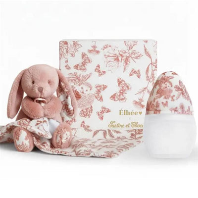 Elhee Baby Bottle & Comforter Set in pink with a plush bunny, decorative cloth, and a beautifully patterned bottle.