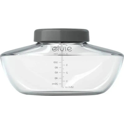 Clear Elvie breastmilk storage bottle with a gray lid, showing measurement markings up to 150 ml.