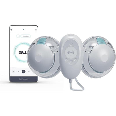 App-controlled double breast pump with two collection cups and a control unit, showing a timer and session status on a smartphone.