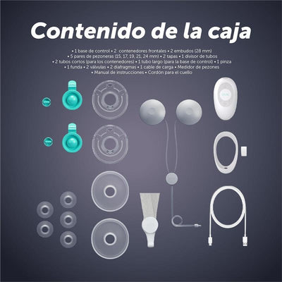 Contenido de la caja del extractor de leche Elvie Stride 2, incluyendo componentes como bases de control, contenedores, embudos y tubos.