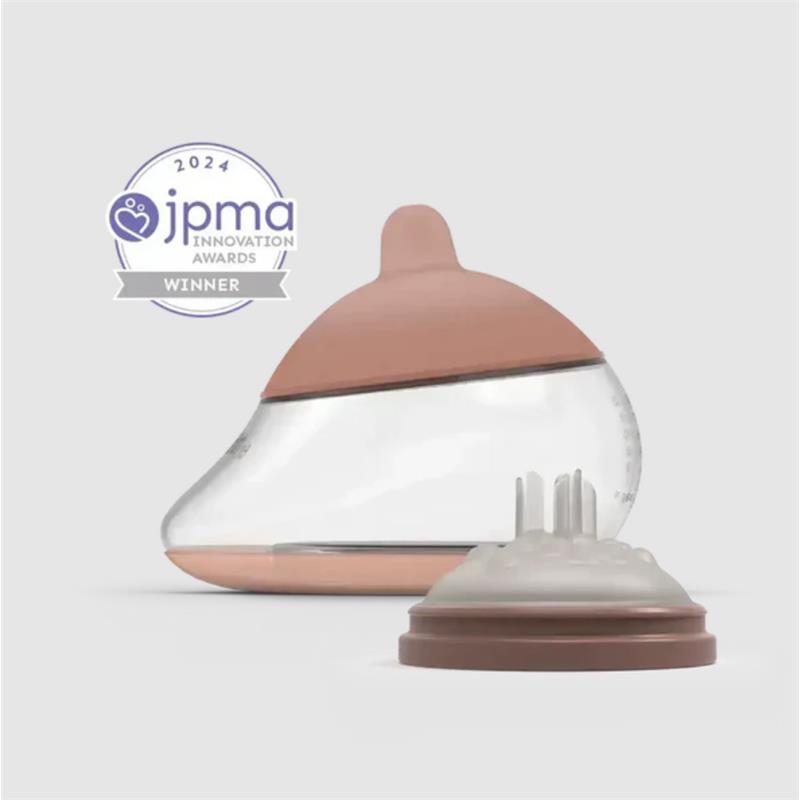 Anatomy bottle with a fair-colored nipple shape, featuring a transparent design and a brown cap. Awarded 2024 JPMA Innovation Award.