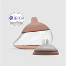 Anatomy bottle with a fair-colored nipple shape, featuring a transparent design and a brown cap. Awarded 2024 JPMA Innovation Award.