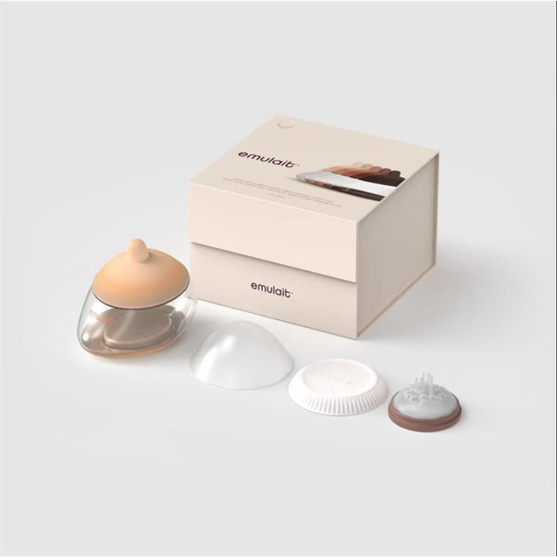 Emulait Anatomy Bottle with fair nipple color and shape options, accompanied by three interchangeable nipple shapes and packaging.