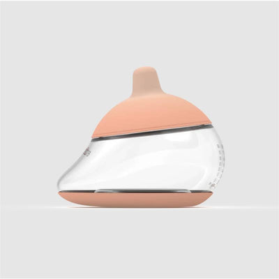 Anatomy bottle with a fair-colored nipple, designed for feeding, featuring a clear body and an ergonomic shape.