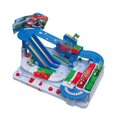Toy racing track featuring Mario Kart characters with a blue track, ramps, and multiple race cars in motion.