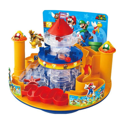 Super Mario-themed game set featuring a multi-level castle with pathways, obstacles, and iconic character designs.