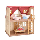Epoch Calico Critters Red Roof Home Cozy Cottage 2026 Edition Dollhouse featuring a bunny figure, beds, a bathtub, and a staircase.