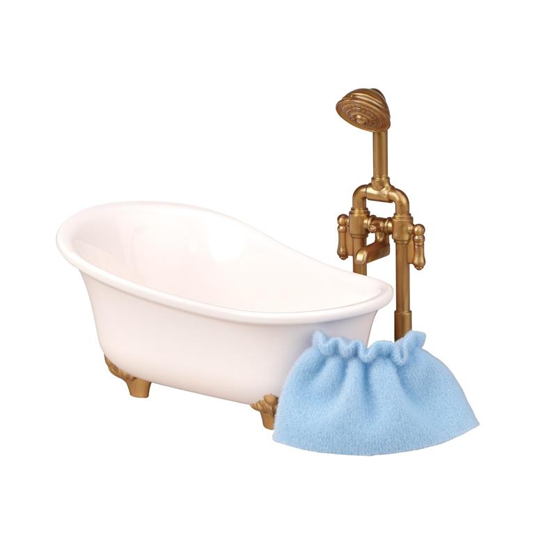 Cozy cottage dollhouse bathtub with a white design, golden faucet, and a blue fabric cover.
