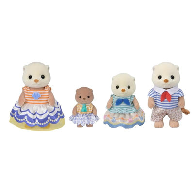 Epoch Calico Critters Sea Otter Family featuring four otter figures in colorful outfits, including dresses and shorts.