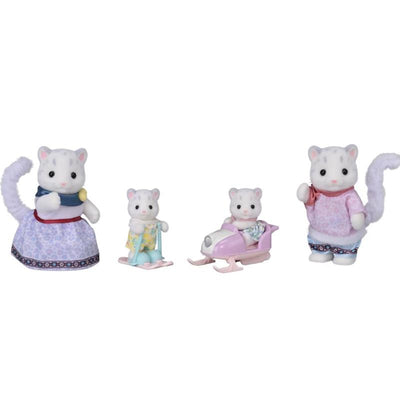 Calico Critters Snow Leopard Family set featuring four plush figurines in winter outfits with sled and snowmobile.