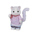 Snow leopard figurine wearing a pink top and blue pants, featuring detailed fur and a curled tail.