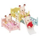 Calico Critters Triple Bunk Beds Set featuring three beds with plush bunny figures, including a slide and accessories.