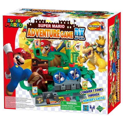 Super Mario Adventure Game Deluxe by Epoch features colorful playset with Mario, Bowser, and obstacles, promoting interactive gameplay.
