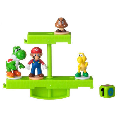 Super Mario Balancing Game featuring Mario, Yoshi, Goomba, and Koopa on a green balancing platform.