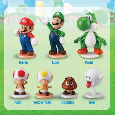 Seven colorful Super Mario character figurines: Mario, Luigi, Yoshi, Toad, Yellow Toad, Goomba, and Boo.