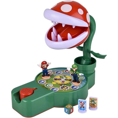 Epoch - Super Mario Piranha Plant Escape features a large red Piranha Plant with white spots, two figures of Mario and Luigi beside game mechanics.