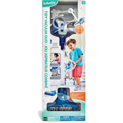 Tidy Vacuum Duo toy packaging featuring a child holding the vacuum, showcasing its design and features.