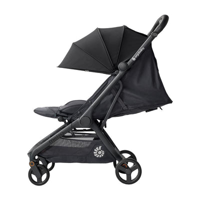 Ergobaby Metro 3 Travel Stroller in Onyx Black, featuring a canopy, padded seat, and sleek design with four wheels.