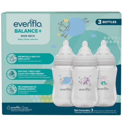 Evenflo Feeding 3Pk Balance + Wide Bottles, 9 Oz Decorated Magic Friends Image 1