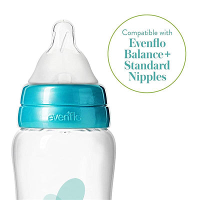 Evenflo Feeding 6Pk Milk Collection Bottles, 5 Oz with a turquoise lid and nipple, labeled compatible with Evenflo nipples.