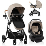 Evenflo Pivot NXT Travel System featuring a stroller and LiteMax NXT infant car seat, both in neutral colors.