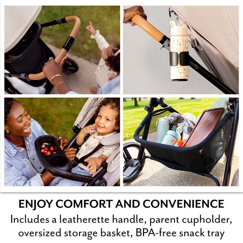Evenflo Pivot NXT Travel System features a leatherette handle, parent cupholder, and oversized storage basket with a BPA-free snack tray.