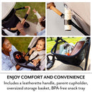 Evenflo Pivot NXT Travel System features a leatherette handle, parent cupholder, and oversized storage basket with a BPA-free snack tray.