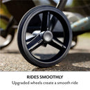 Black wheel of the Evenflo Pivot NXT Travel System, showcasing its upgraded design for a smooth ride on various terrains.