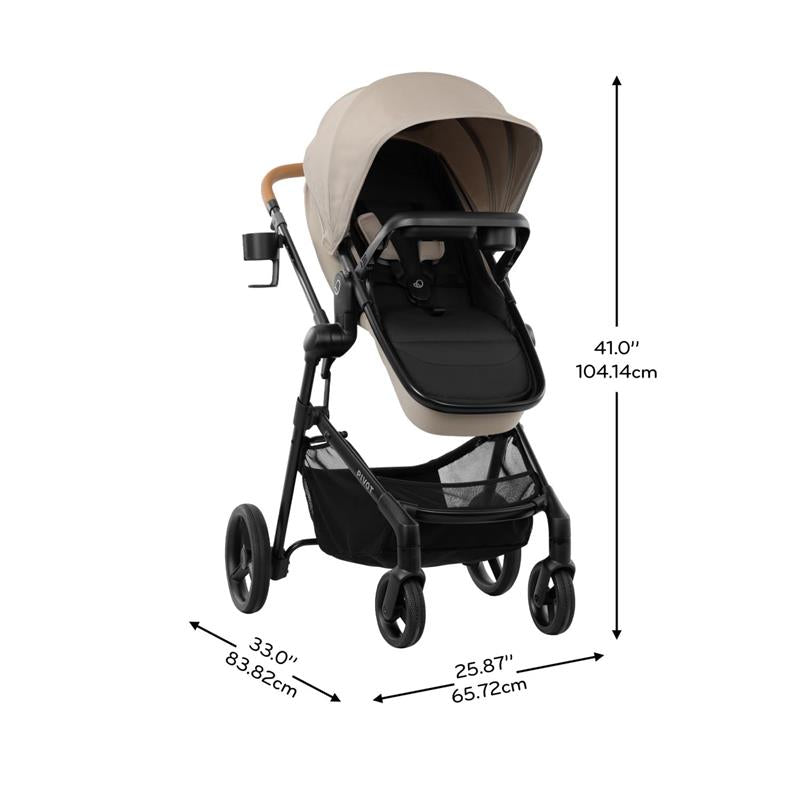 Evenflo Pivot NXT Travel System features a black and beige stroller with a large canopy and dimensions displayed.