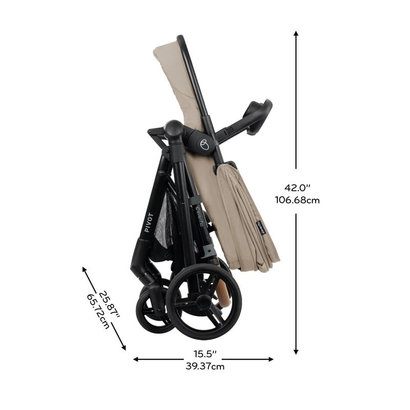 Evenflo Pivot NXT Travel System, features a folded black stroller with a beige canopy, showcasing dimensions on the side.