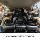 Evenflo Revolve360 Slim 2-in-1 car seat displayed in a vehicle with two children seated, highlighting its 360-degree rotation feature.