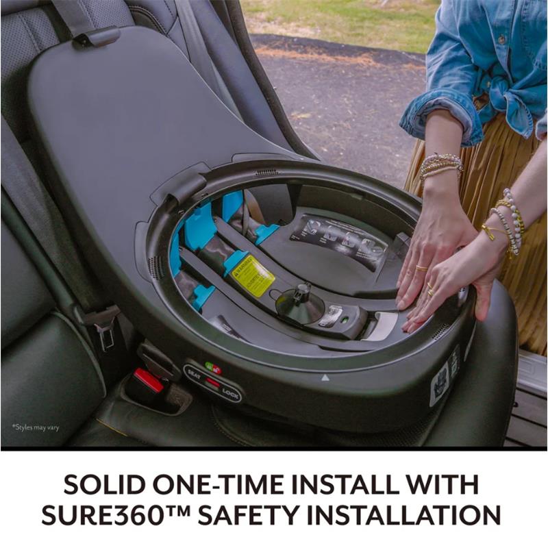 Evenflo Revolve360 Slim 2-in-1 car seat displayed with a person demonstrating its Sure360™ safety installation features.