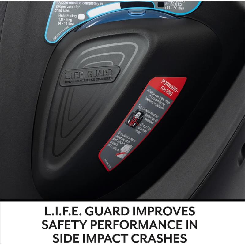 Evenflo Revolve360 Slim car seat showing L.I.F.E. Guard safety feature and installation instructions for forward-facing use.