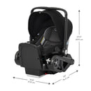 Evenflo Shyft Dualride Infant Car Seat & Stroller Combo in Beaufort Black, featuring dimensions and safety details.