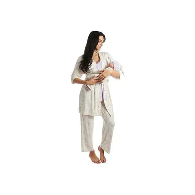 Maternity and nursing pajama set shown on a woman holding a baby, featuring light floral patterns and a soft fabric.