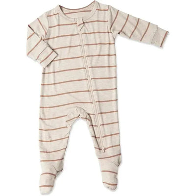 Mocha striped footie for babies aged 6-9 months, featuring long sleeves, a front zipper, and footed bottoms.
