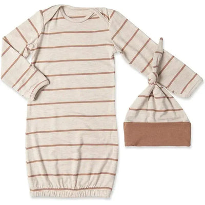 Maternity and nursing pajama pant set in mocha stripe, includes a long-sleeve dress and matching knot hat.