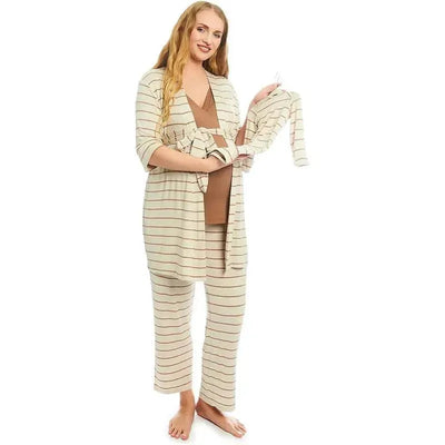 Everly Grey - Maternity and Nursing PJ Pant Set for Mom and Baby, Mocha Stripe, Small Image 1