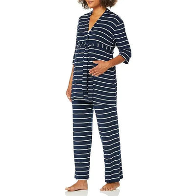 Maternity and nursing pajama pant set by Everly Grey in navy stripes, worn by a pregnant woman, showcasing a comfortable design.