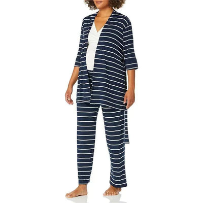 Maternity and nursing pajama set in navy stripes, featuring a loose top and matching pants, worn by a pregnant model.