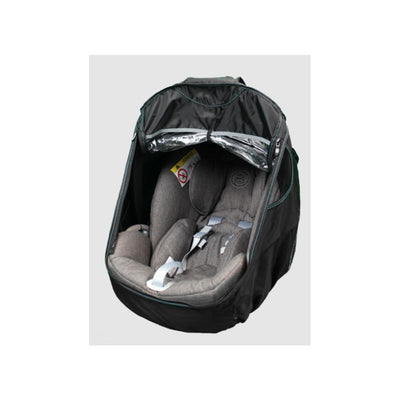 Ezi Rain Cover for car seat size, featuring a gray padded interior, adjustable straps, and a transparent top section.